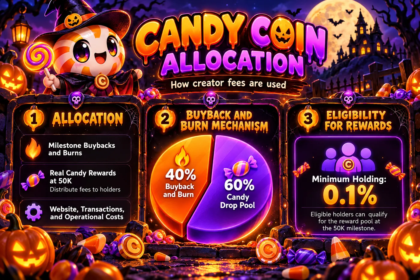 Candy Coin allocation: 40% buyback and burn, 60% Candy Drop pool, minimum holding 0.1%
